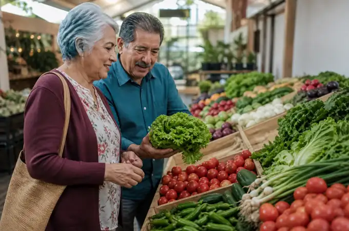 Pareja de personas adultas mayores comprando productos frescos en un mercado