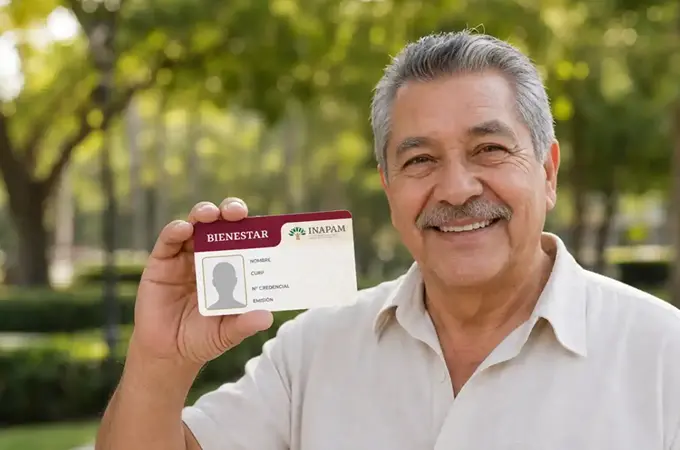 Persona adulta mayor mostrando una representación ilustrativa de la credencial INAPAM
